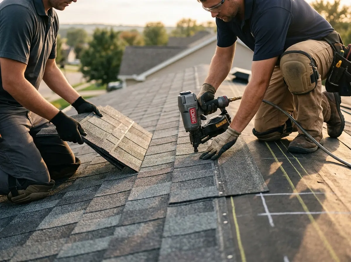 Professional roofer working on a residential roof in Wedgefield